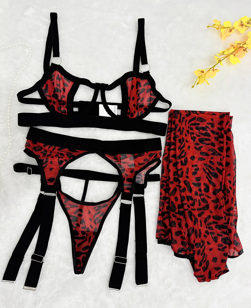 Xingya Leopard Print Mesh Lingerie Set With Stockings