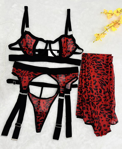 Xingya Leopard Print Mesh Lingerie Set With Stockings