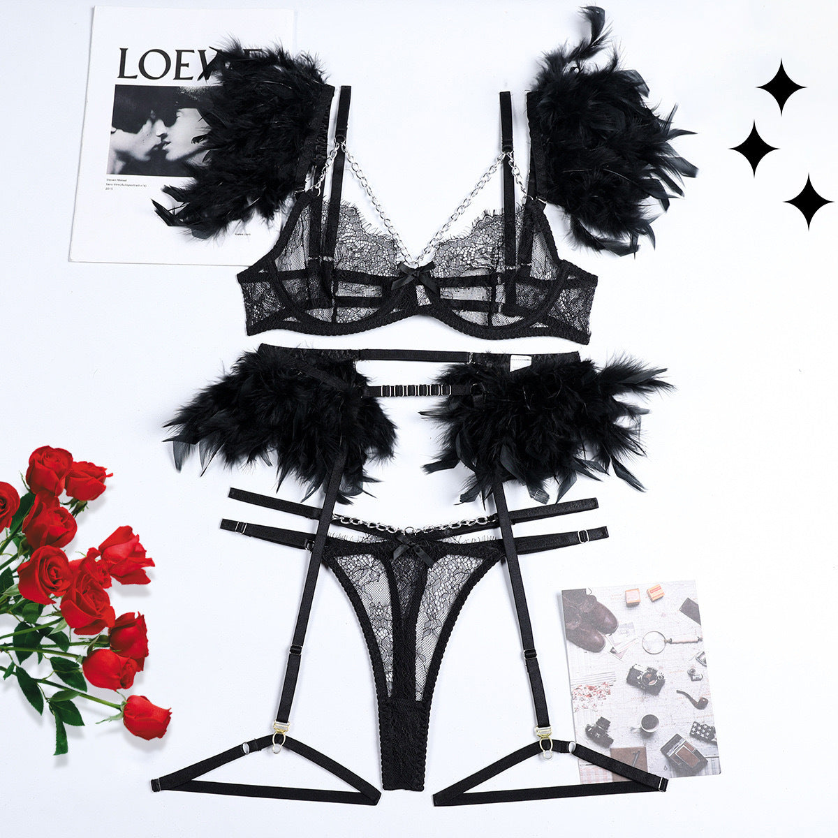 Xingya Feather Lace Metal Chain Lingerie Set